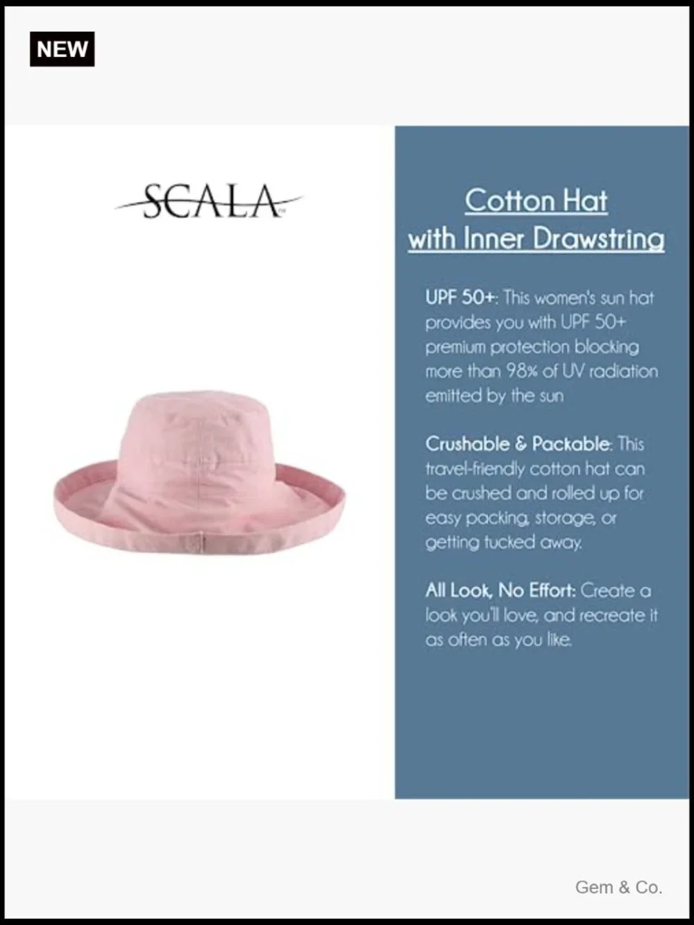 Cotton Big Brim Sun Hat UPF 50+ Adjustable Drawstring Packable Travel